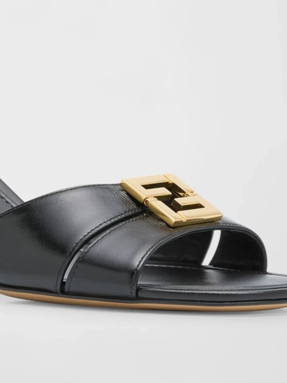 Fendi Fold Slide Black Leather Gold FF Logo Mule Kitten Heel Pump Sandals 39